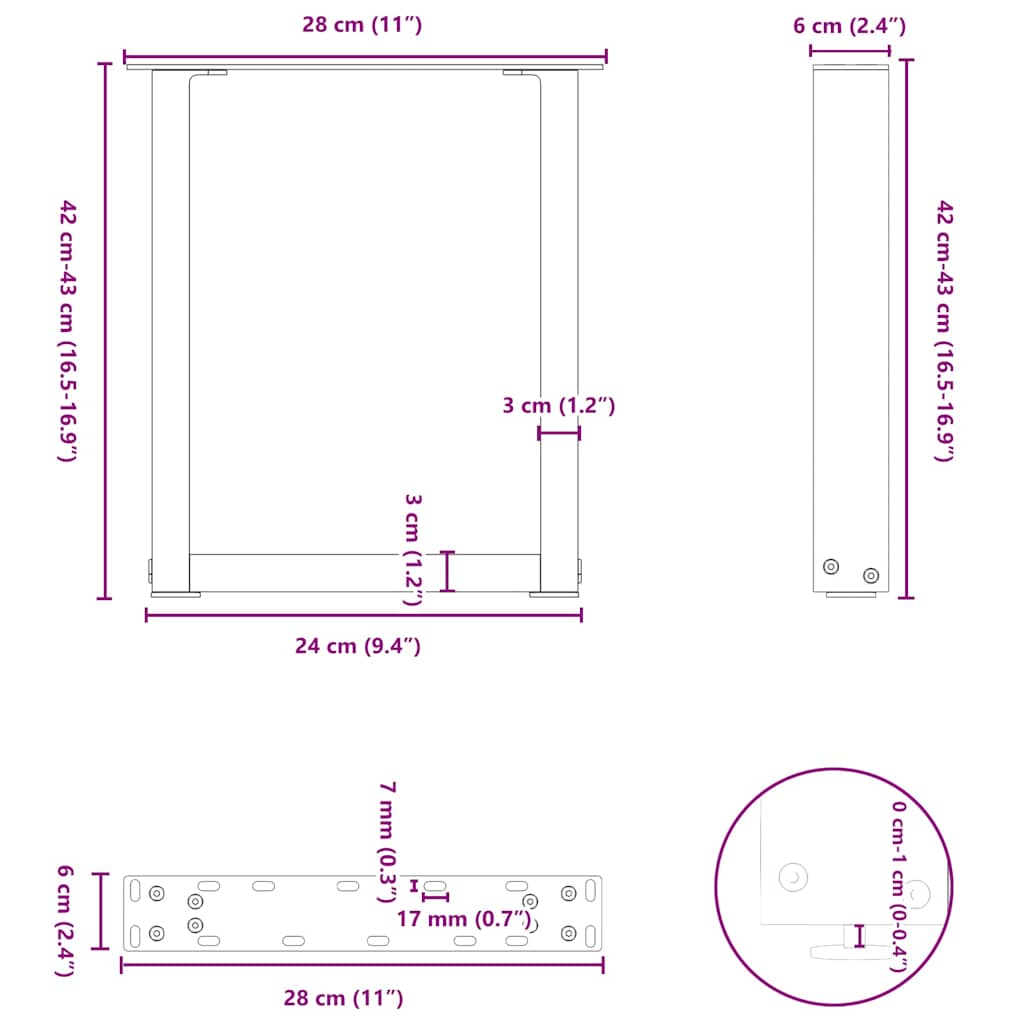 Coffee table legs U-shape 2 pcs. Black 28x(42-43) cm steel