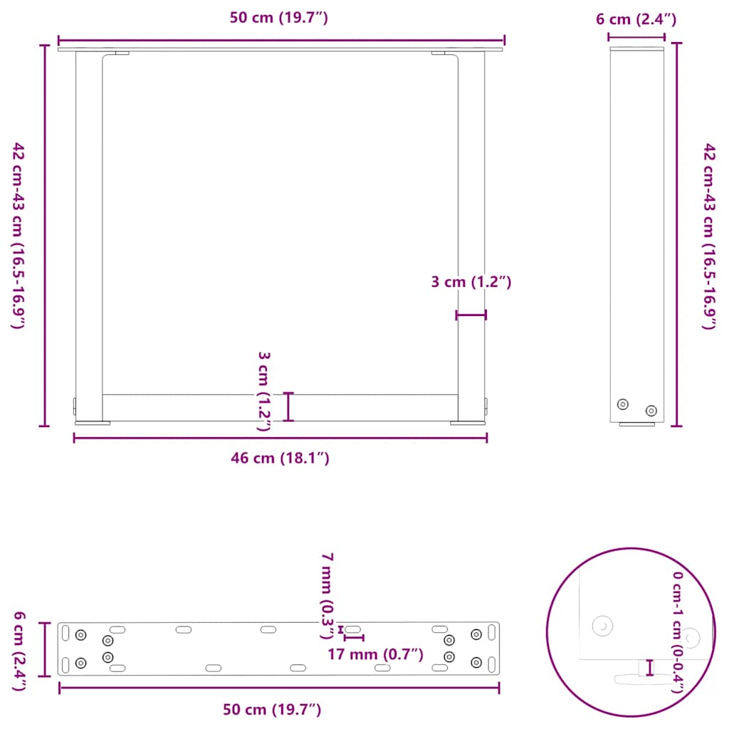 Coffee table legs U-shape 2 pcs. Natural steel 50x(42-43) cm steel