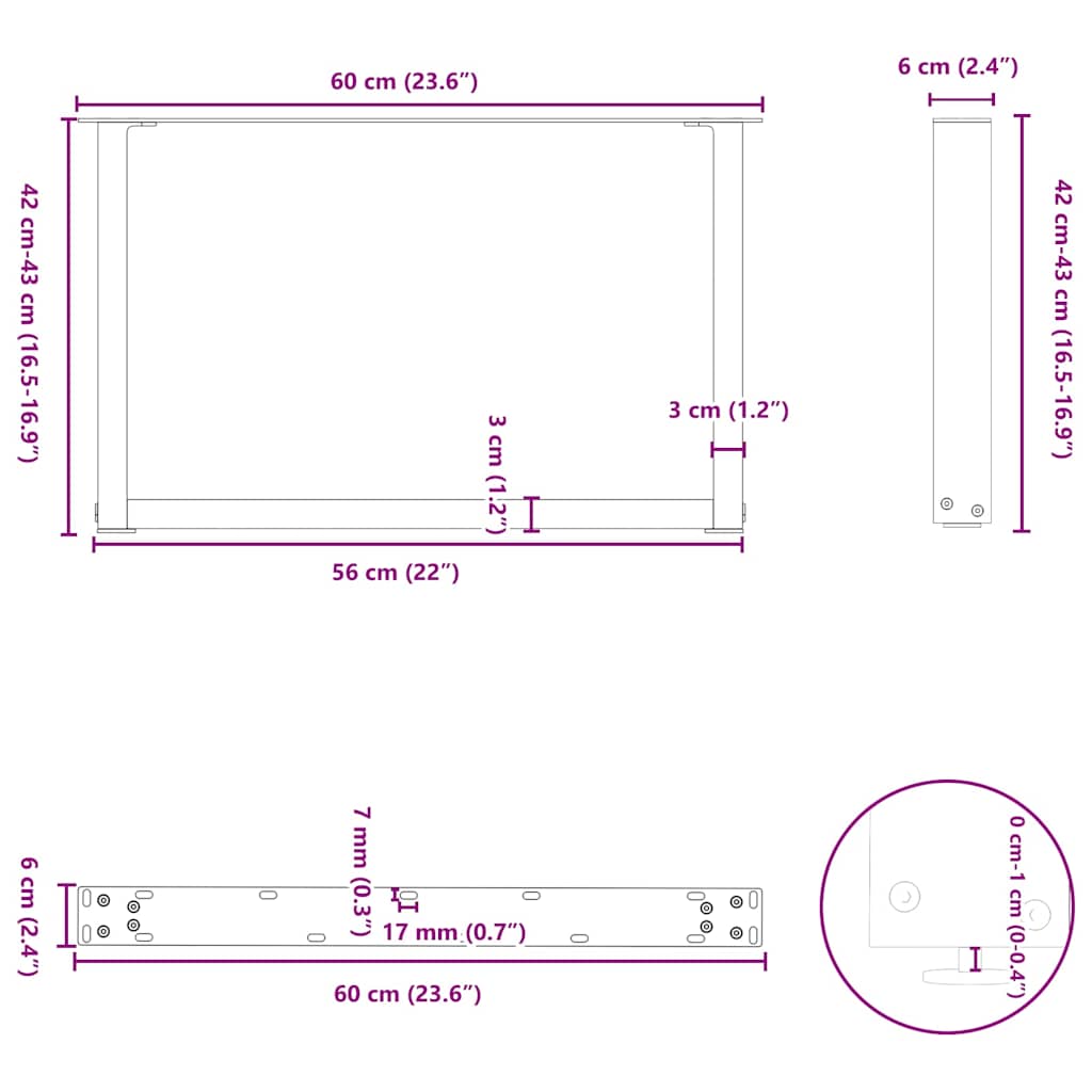 Coffee table legs U-shape 2 pcs. Anthracite 60x(42-43) cm steel