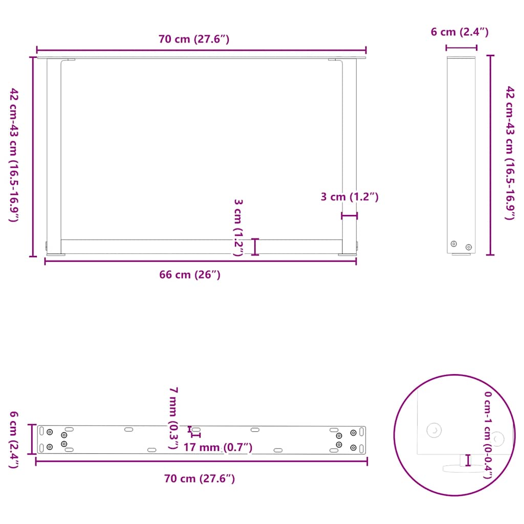 Coffee table legs U-shape 2 pcs. Anthracite 70x(42-43) cm steel