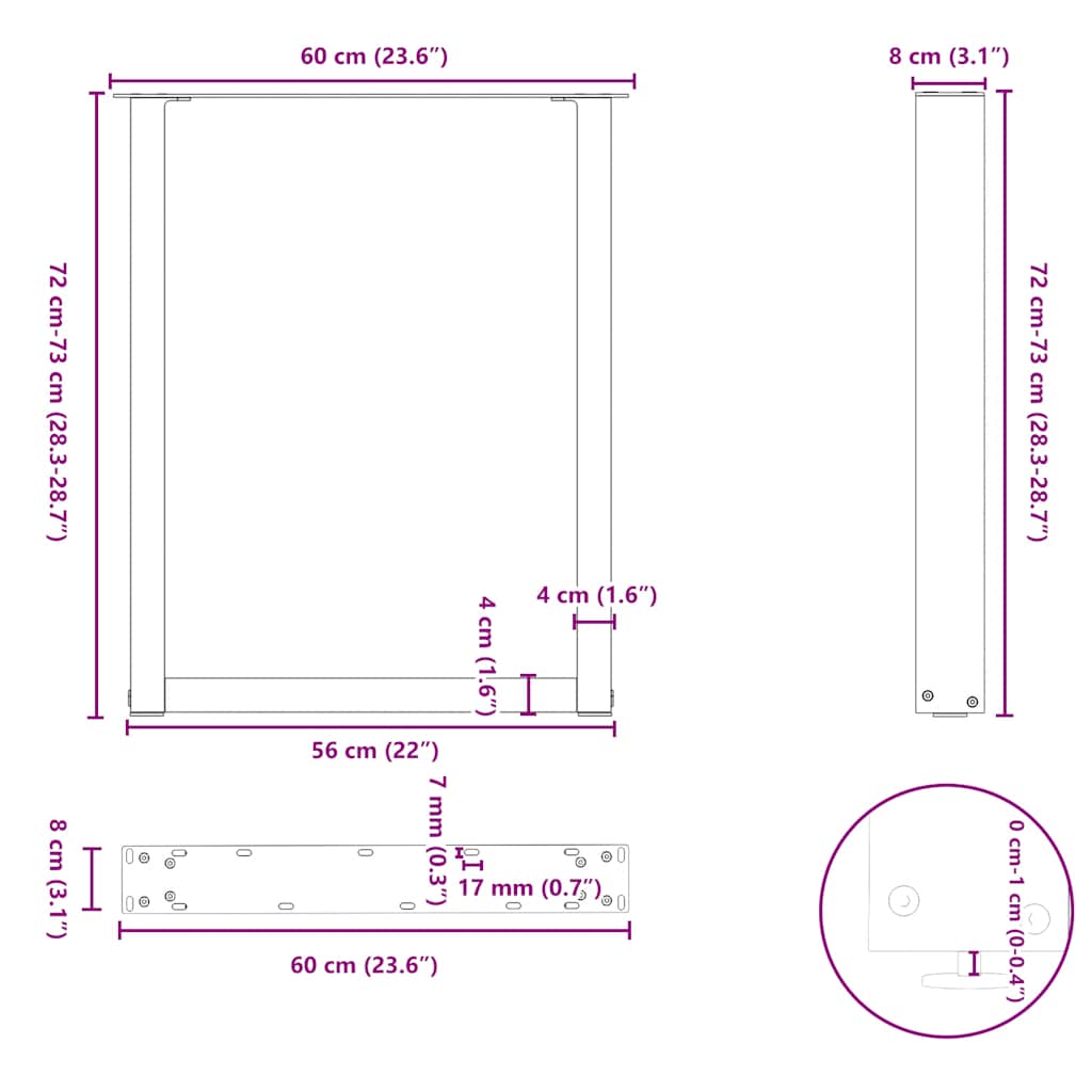Dining table legs U-shape 2 pcs. Black 60x(72-73) cm steel