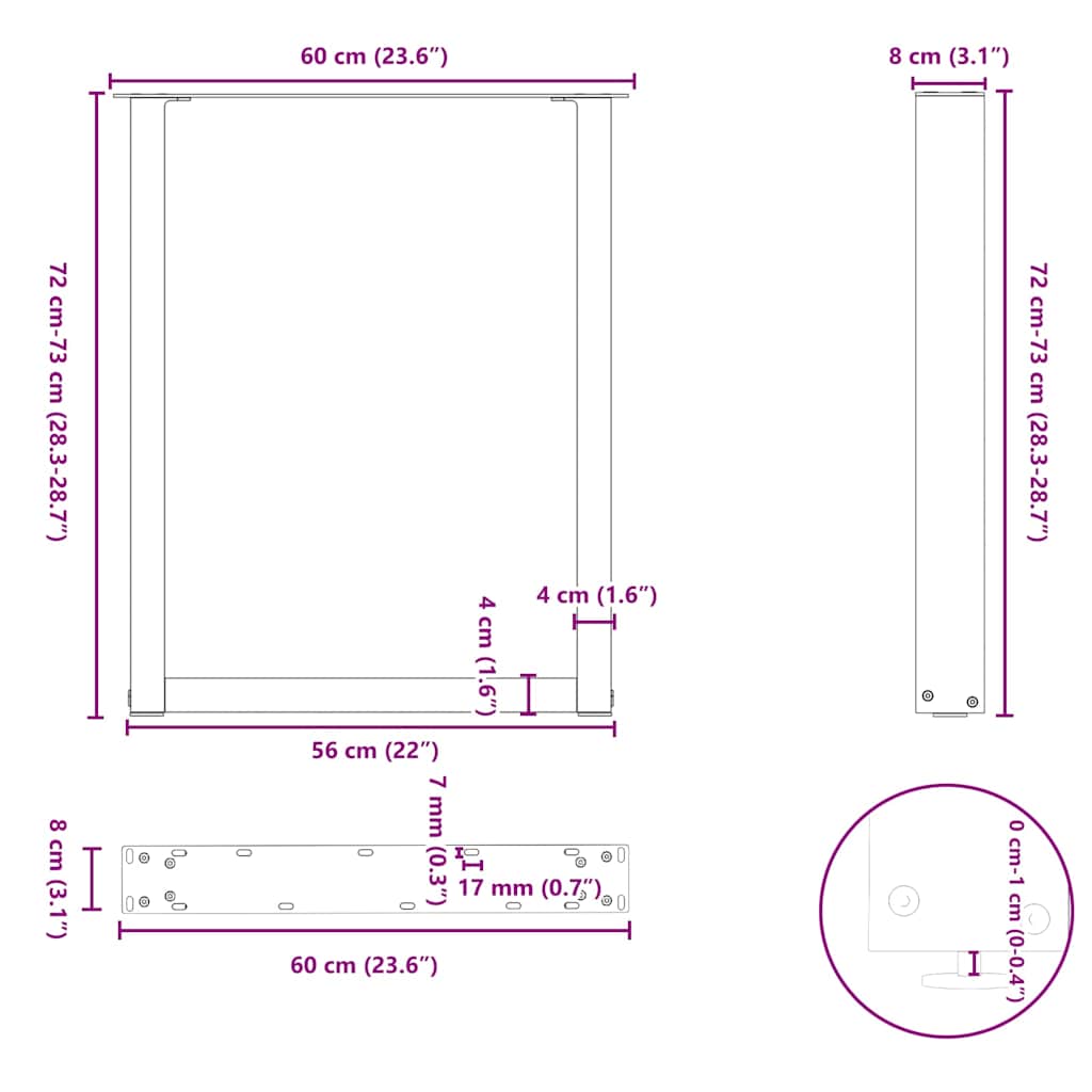 Dining table legs U-shape 2 pcs. Natural steel 60x(72-73) cm steel