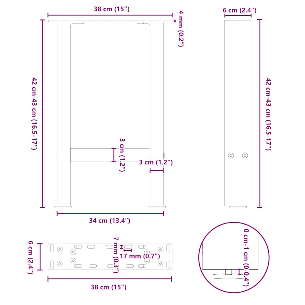 Coffee table legs black 2 pieces 38x(42-43) cm steel