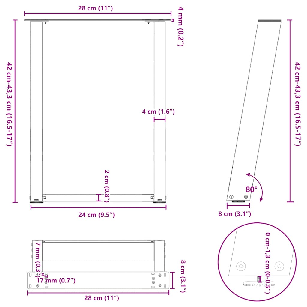 Couchtischbeine U-Form 2 Stk. Weiß 28x(42-43) cm Stahl