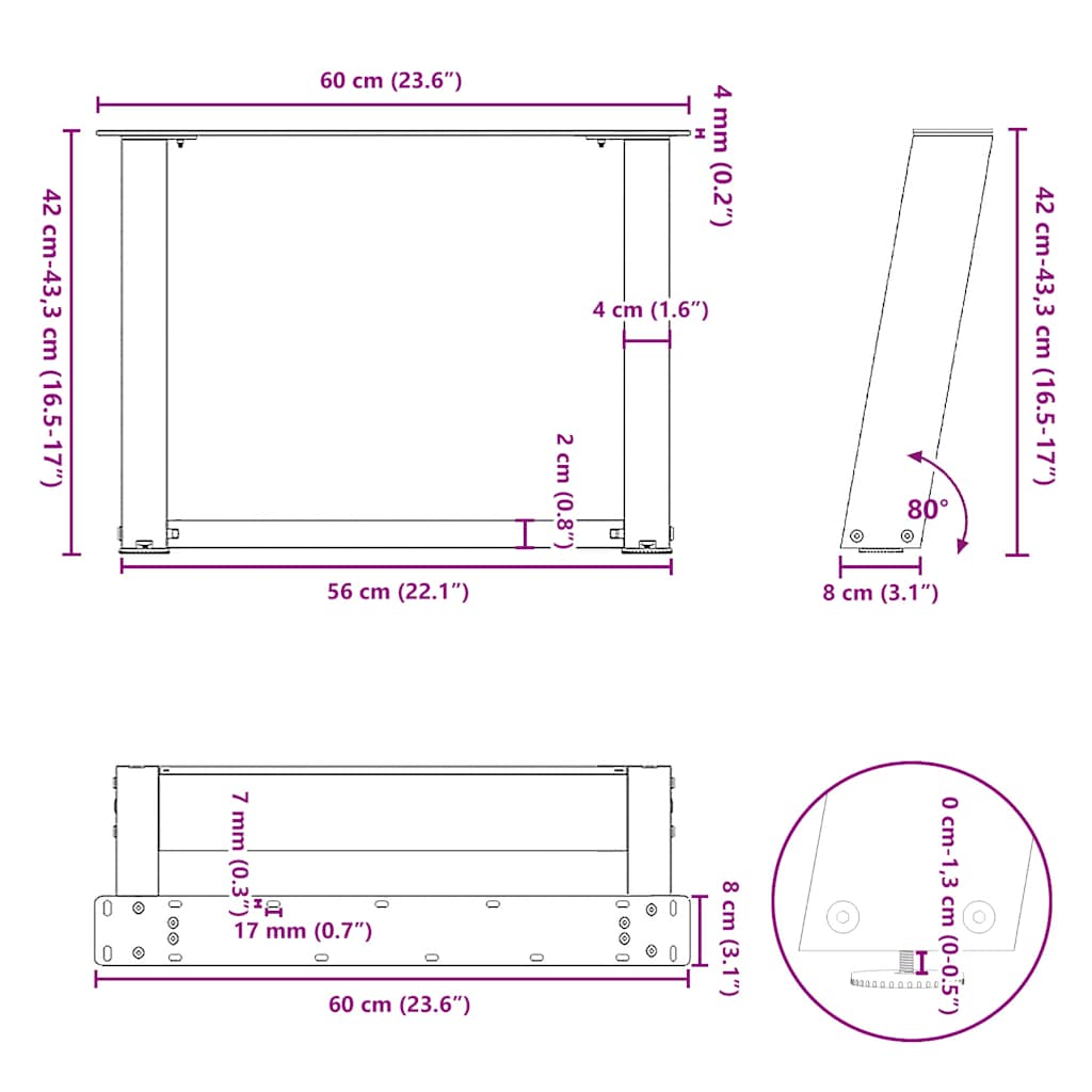 Coffee table legs U-shape 2 pcs. White 60x(42-43) cm steel