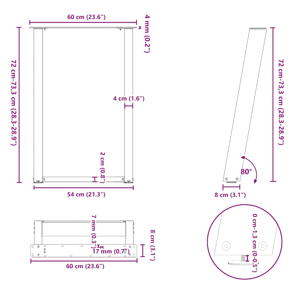 Esstischbeine U-Form 2 Stk. Naturstahl 60x(72-73) cm Stahl
