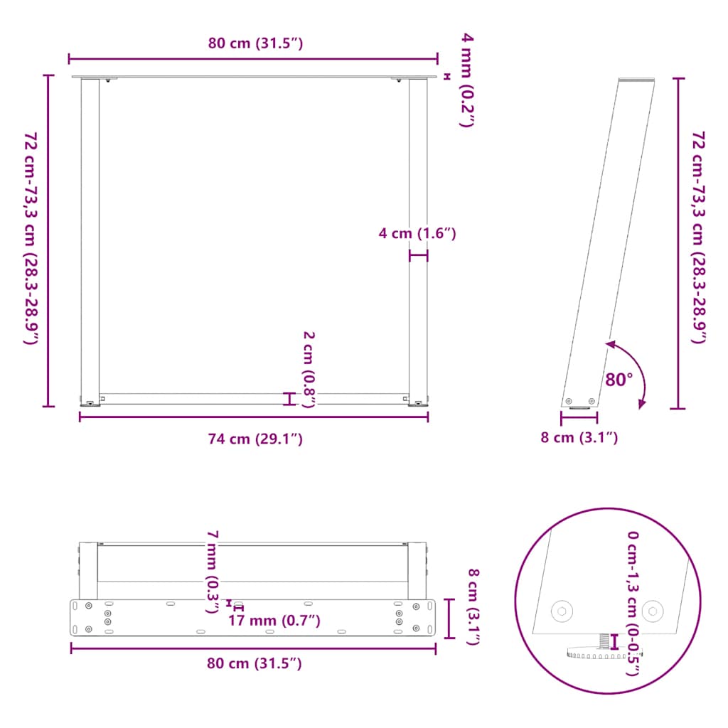 Esstischbeine U-Form 2 Stk. Naturstahl 80x(72-73) cm Stahl