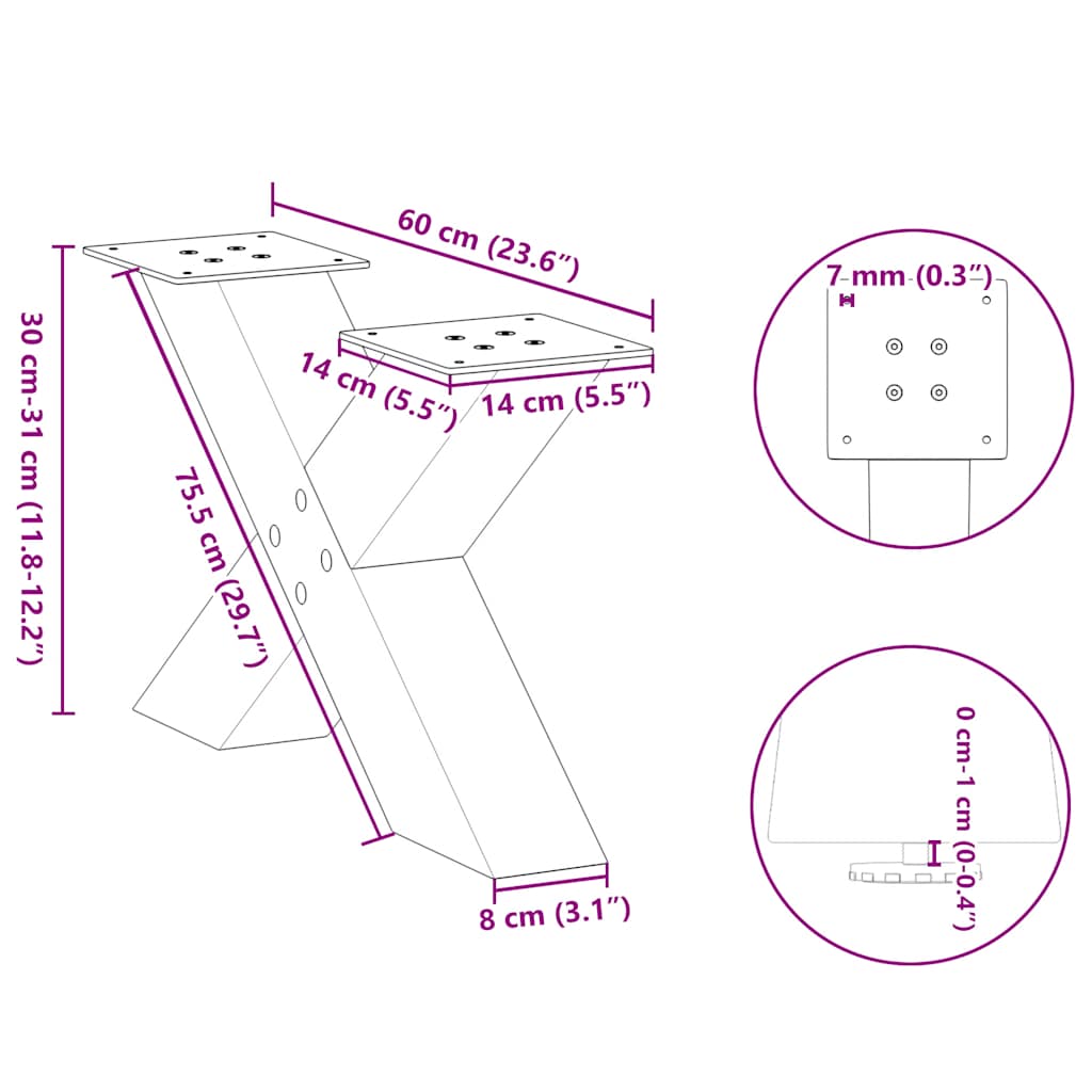 Coffee table legs X-shape 2 pcs. Natural steel 60x(30-31) cm steel