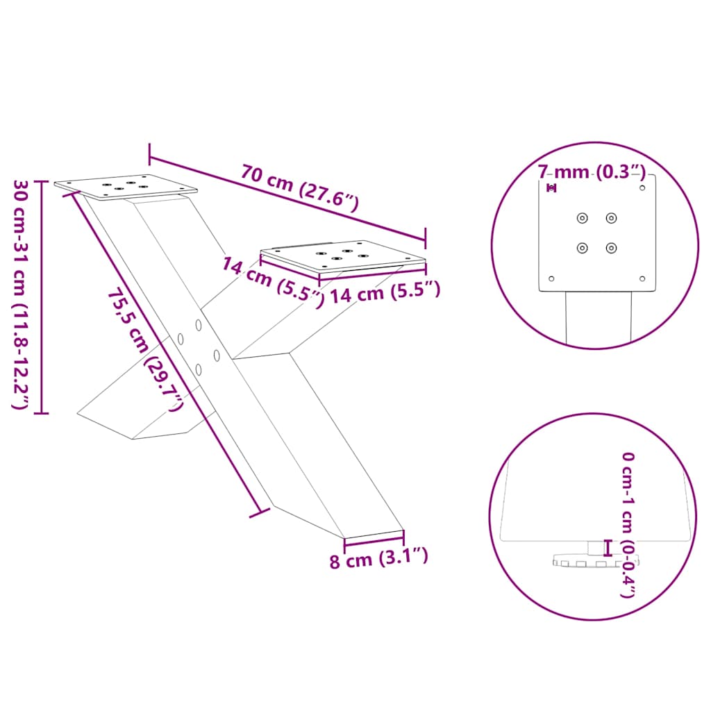 Coffee table legs X-shape 2 pcs. Natural steel 70x(30-31) cm steel