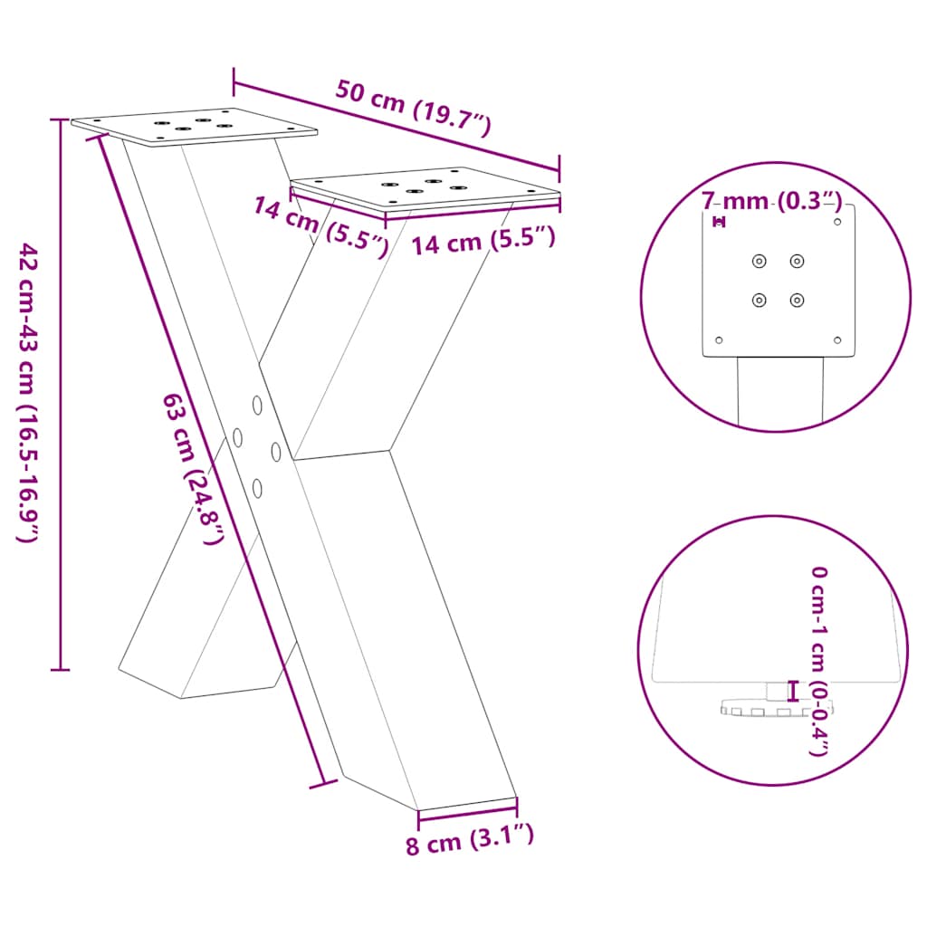 Coffee table legs X-shape 2 pcs. Natural steel 50x(42-43) cm steel