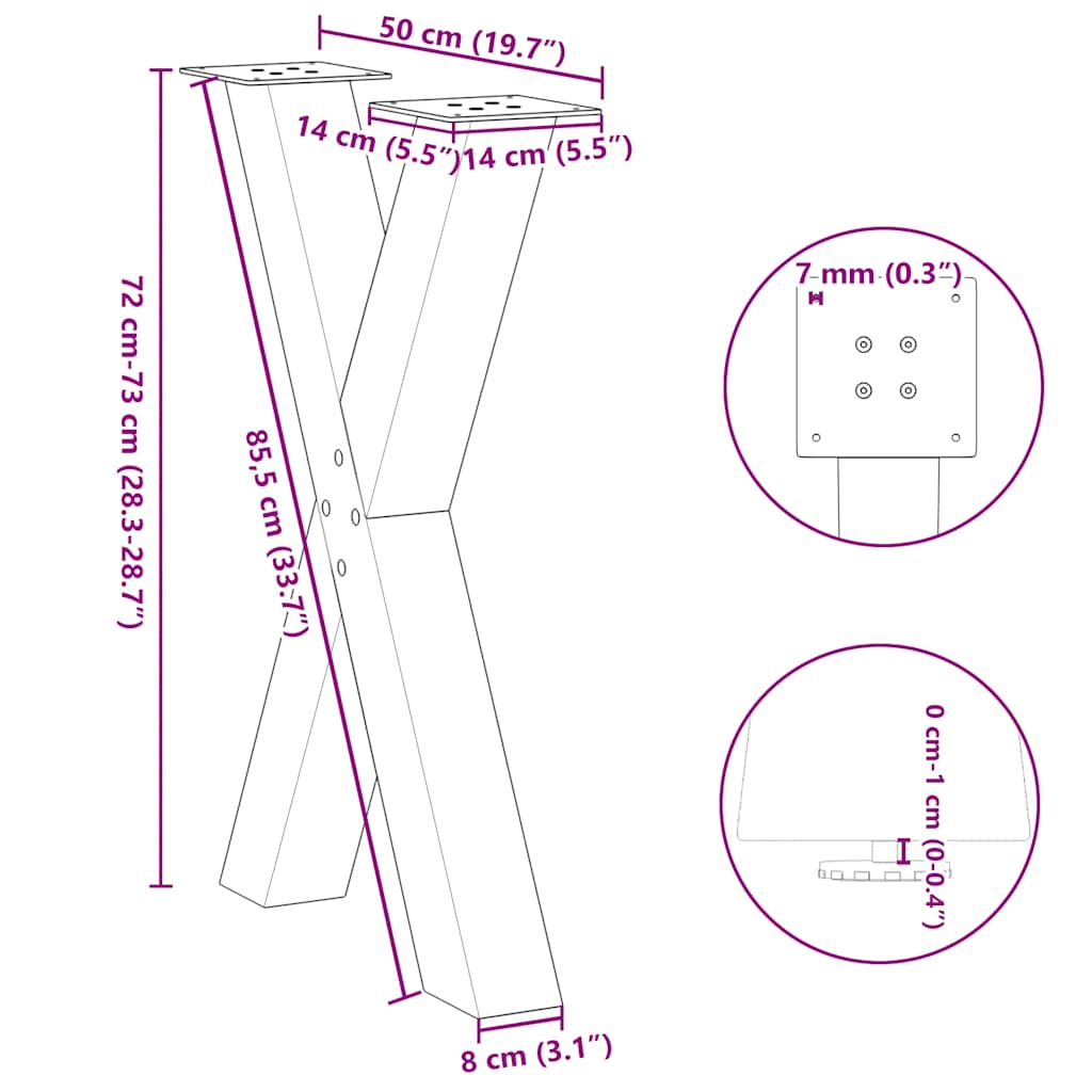 Dining table legs X-shape 2 pcs. Natural steel 50x(72-73) cm steel