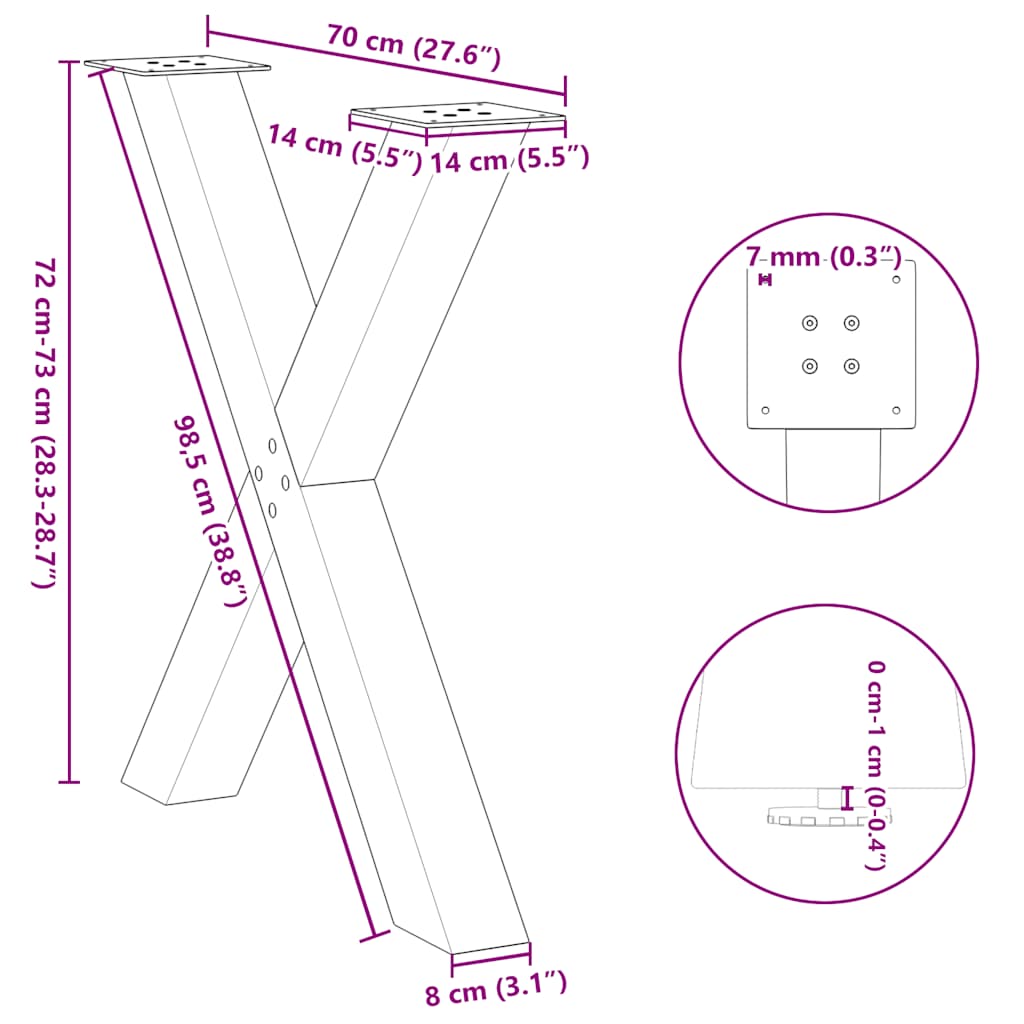 Dining table legs X-shape 3 pcs. Natural steel 70x(72-73) cm steel