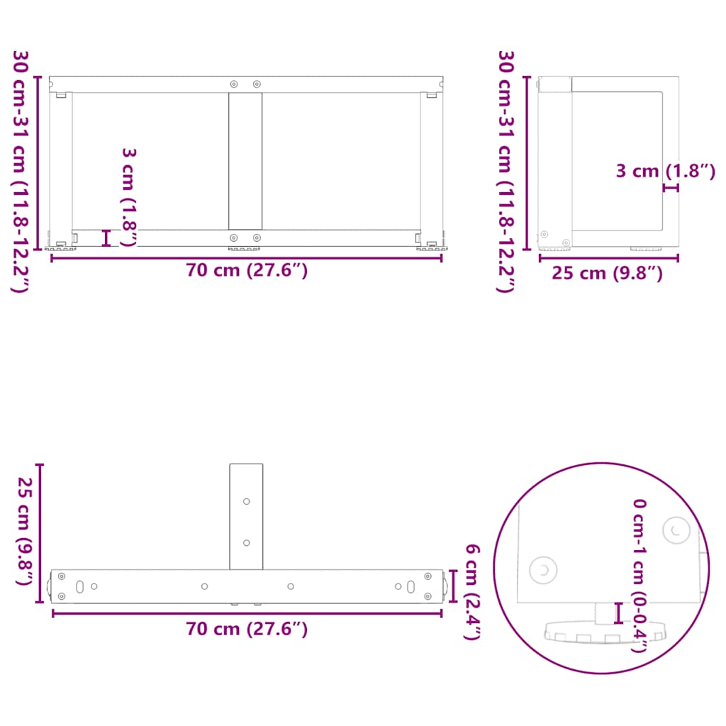 Coffee table legs T-shape 2 pcs. Natural steel 70x25x(30-31) cm steel