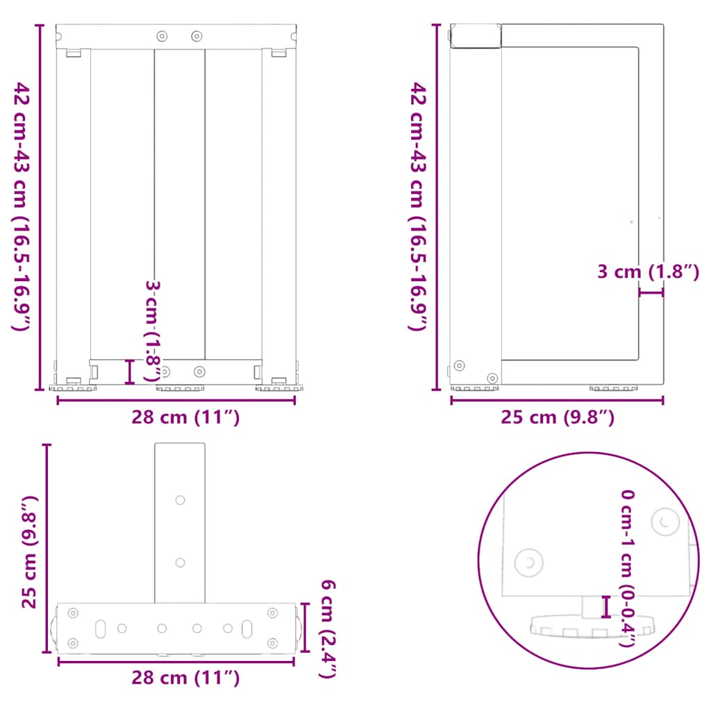 Coffee table legs T-shape 2 pcs. White 28x25x(42-43) cm steel