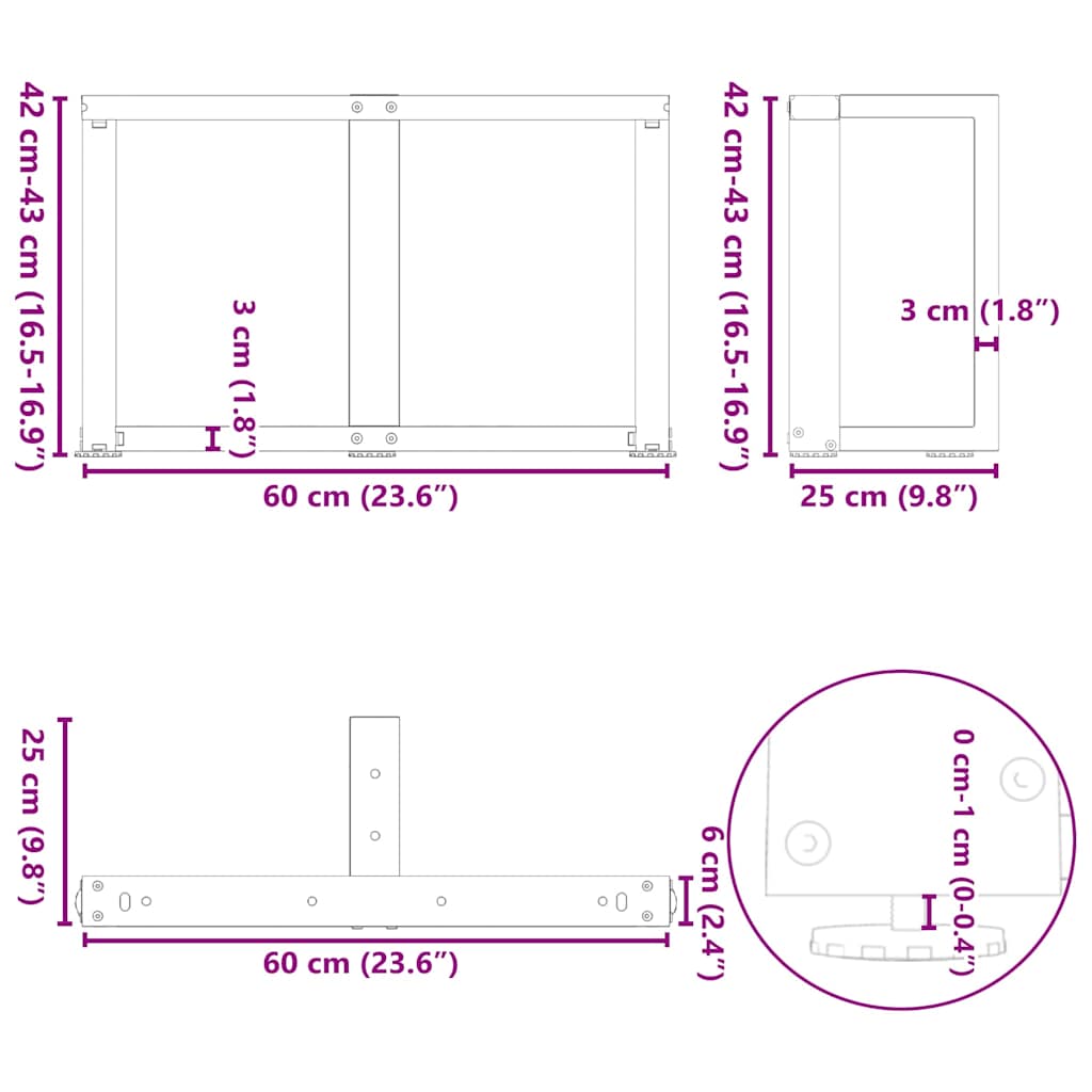 Coffee table legs T-shape 2 pcs. natural steel 60x25x(42-43) cm steel