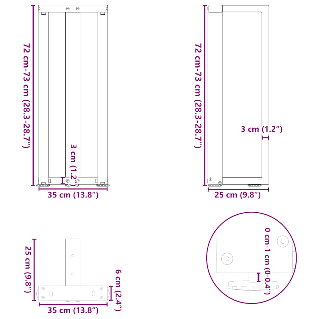Console table legs T-shape 2 pcs. Black 38x25x(72-73) cm steel