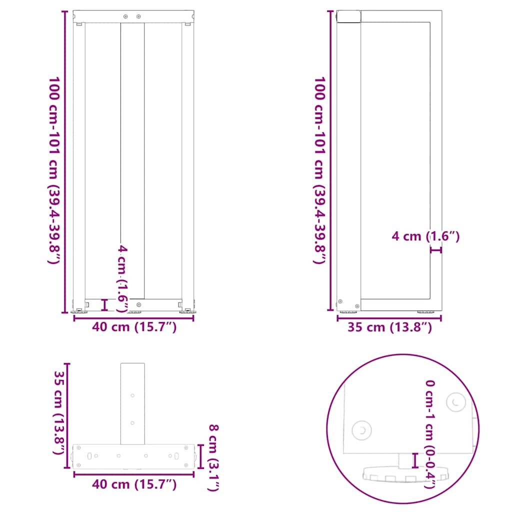 Bar table legs T-shape 2 pcs. Black 40x35x(100-101) cm steel