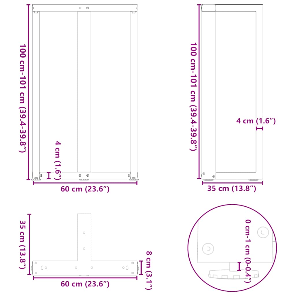 Bar table legs T-shape 2 pcs. White 60x35x(100-101) cm steel