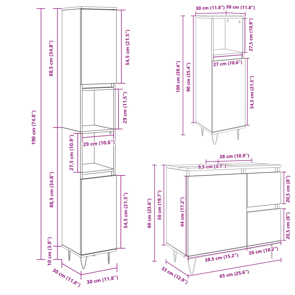 3-piece bathroom furniture set Sonoma oak wood-based material