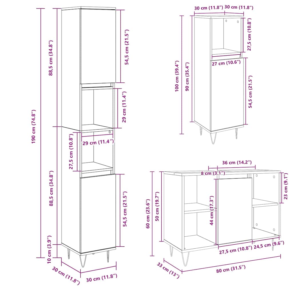3-piece bathroom furniture set Sonoma oak wood-based material