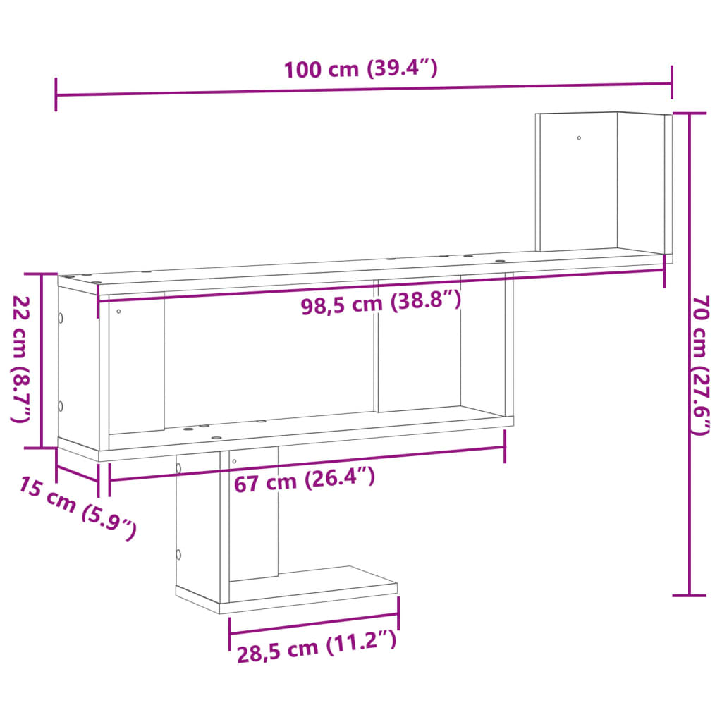 Wall shelf gray Sonoma 100x15x70 cm wood material