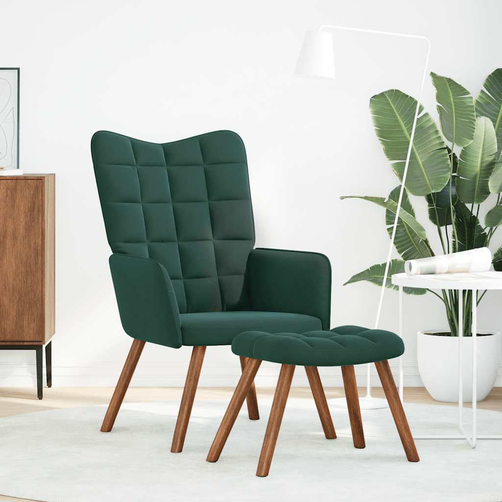 Relaxing chair with stool dark green velvet