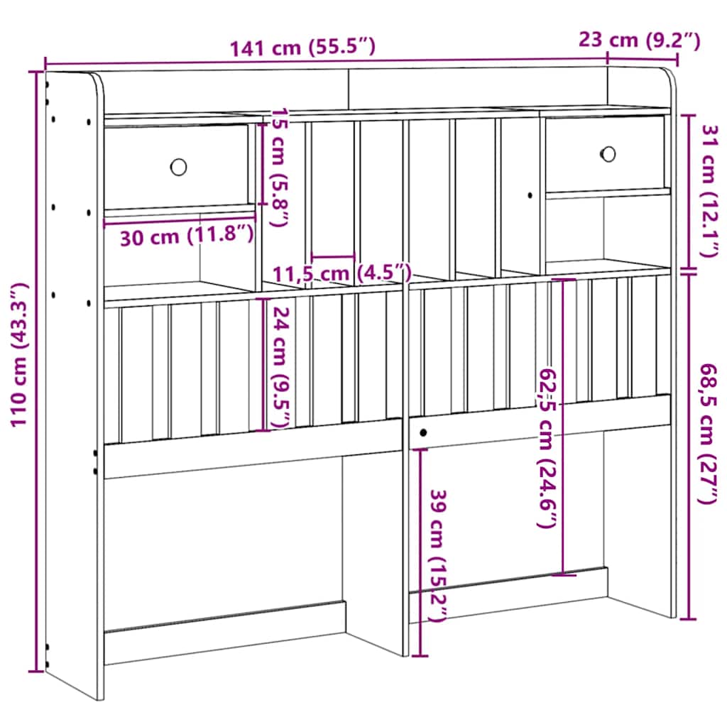 Kopfteil mit Stauraum 135 cm Massivholz Kiefer