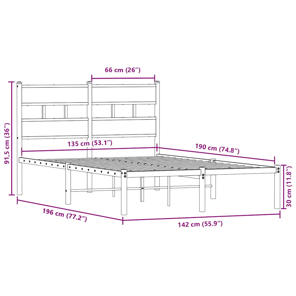Metallbett ohne Matratze Sonoma-Eiche 135x190 cm