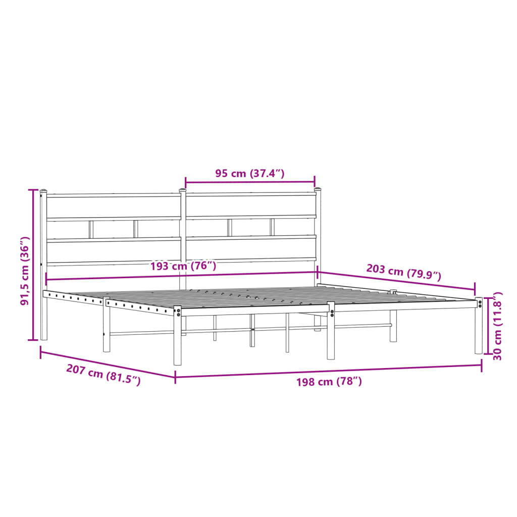 Metallbett ohne Matratze Sonoma-Eiche 193x203 cm