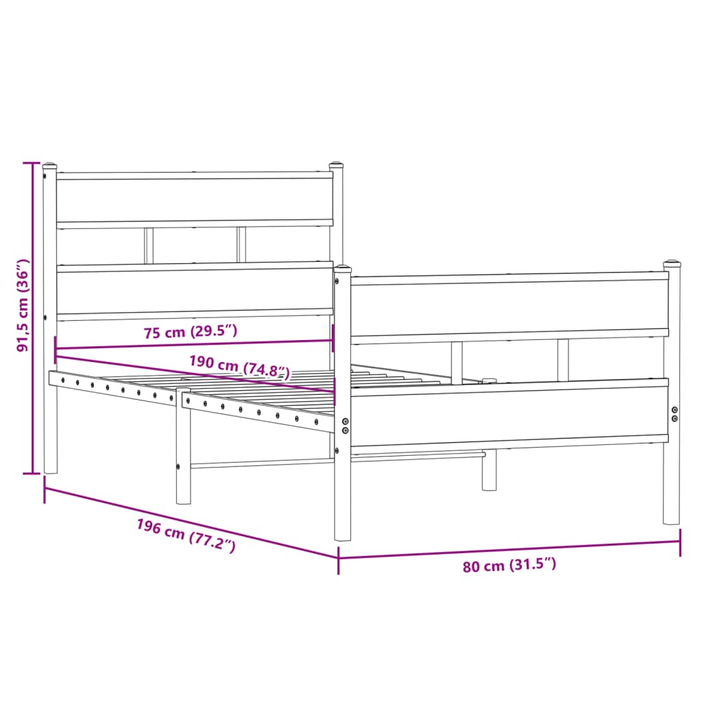 Metallbett ohne Matratze Sonoma-Eiche 75x190 cm