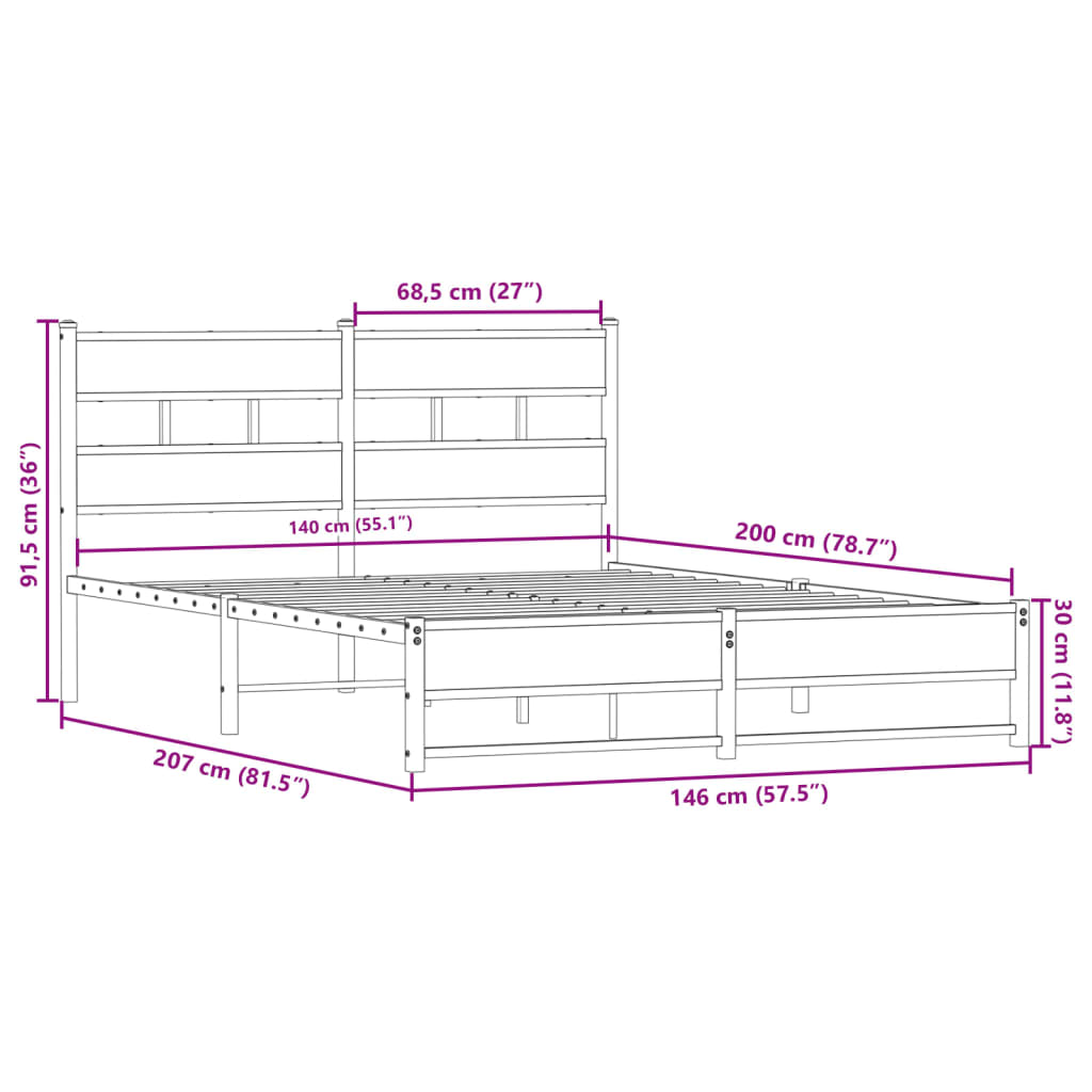 Metal bed without mattress smoked oak 140x200 cm