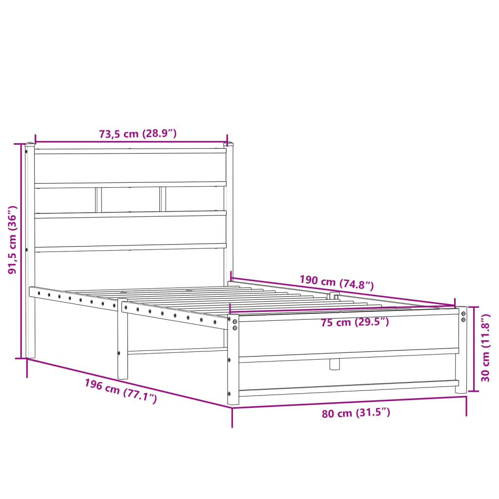 Metallbett ohne Matratze Sonoma-Eiche 75x190 cm