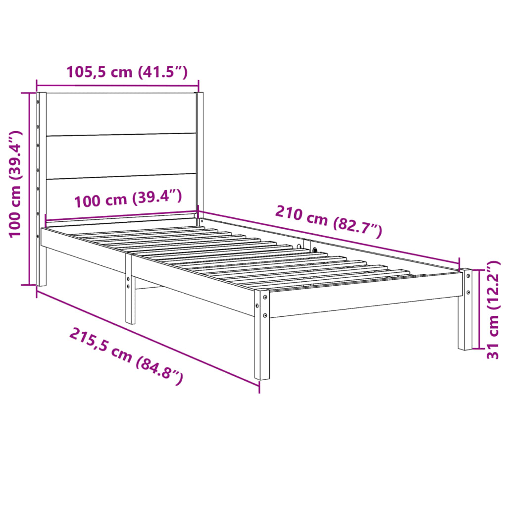 Massivholzbett Extra Lang ohne Matratze 100x210 cm