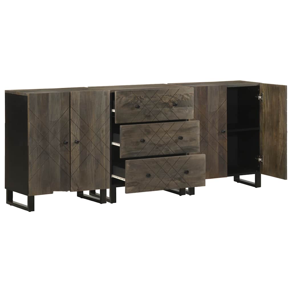 3-tlg. Sideboards Schwarz 60x33x75 cm Massivholz Mango