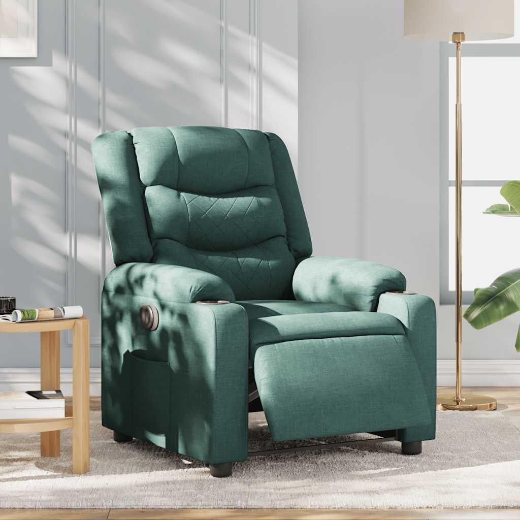 Electric recliner chair in dark green fabric