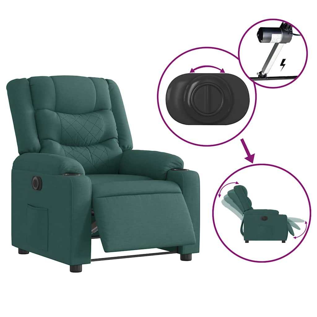 Electric recliner chair in dark green fabric