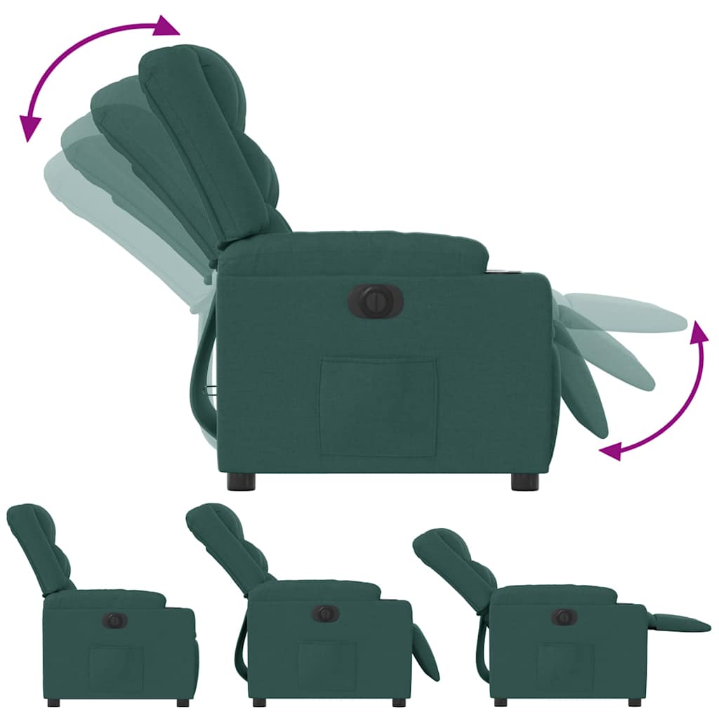 Electric recliner chair in dark green fabric
