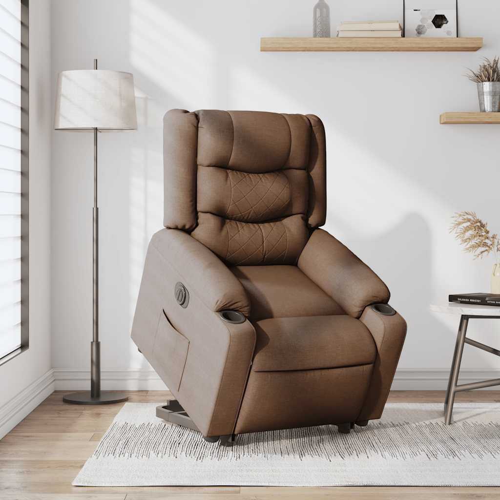Recliner chair with electric riser, brown fabric