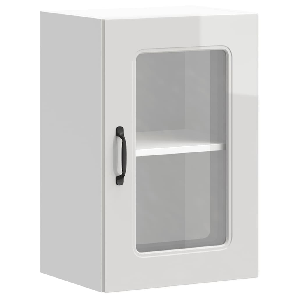 Kitchen wall cabinet with glass door Kalmar high-gloss white wood material