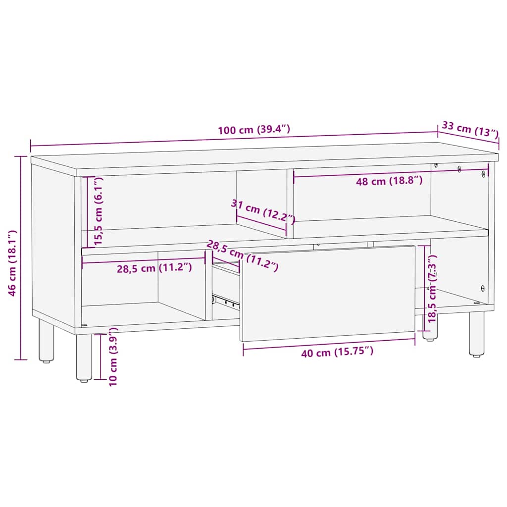 TV-Schrank mit Regal Braun 100 x 33.5 x 46 cm Massivholz Akazie