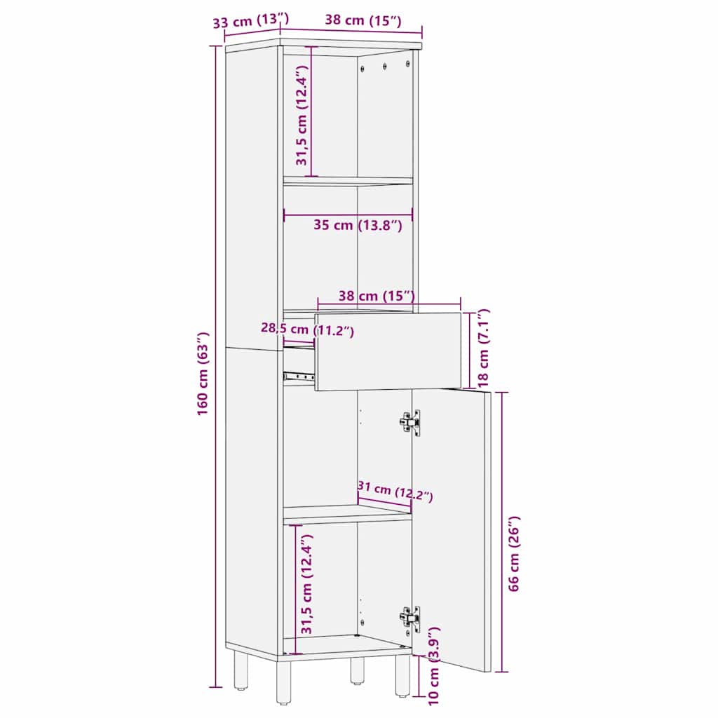 Badezimmerschrank Braun 38 x 33 x 160 cm Massivholz Akazie