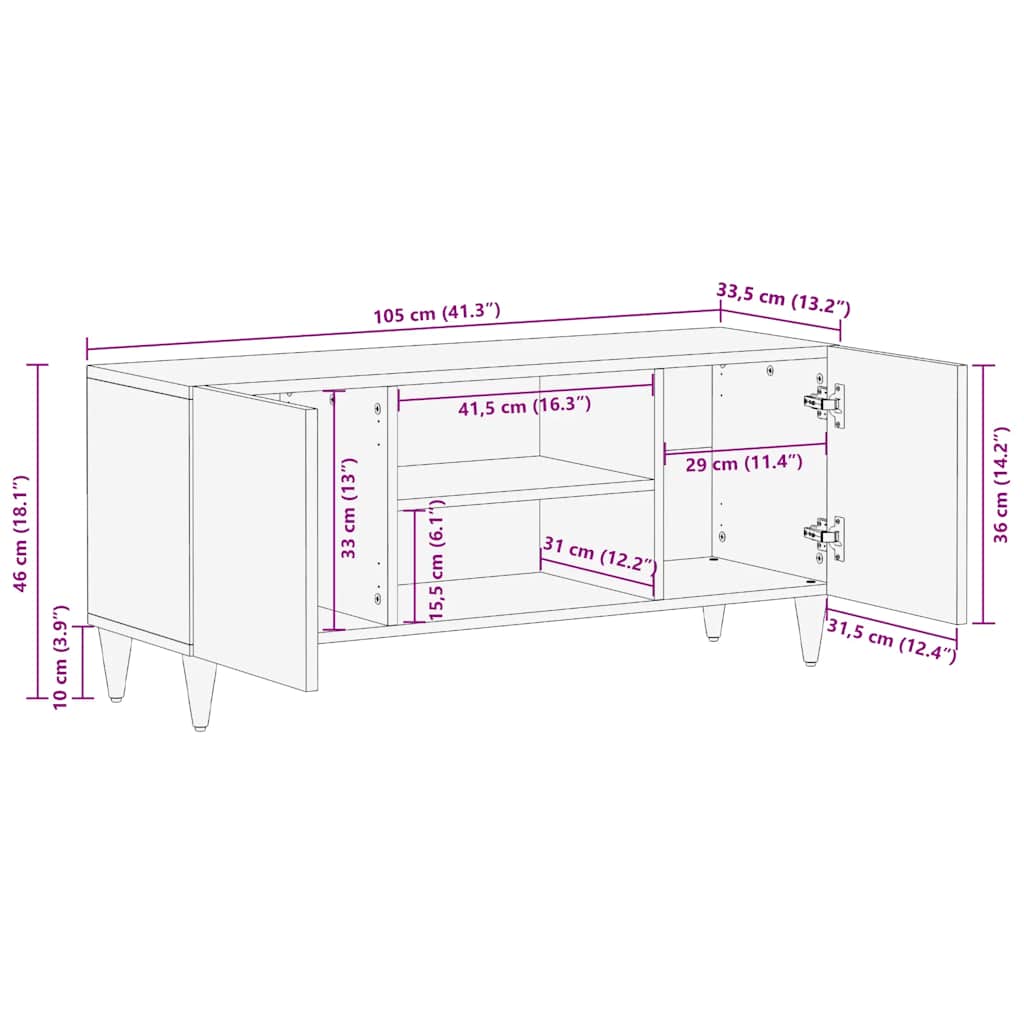 TV-Schrank Hellgrau 105x33,5x46 cm Massivholz Mango