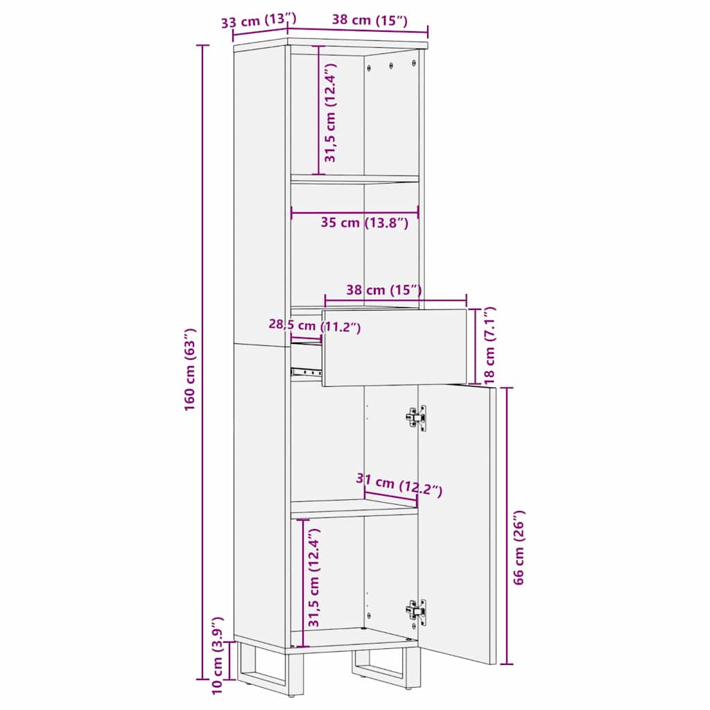 Badezimmer Schrank Braun 38 x 33 x 160 cm Massivholz Mango