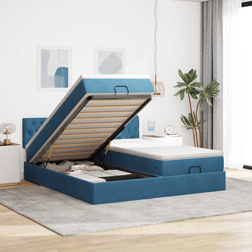 Ottoman-Bett mit Matratzen Dunkelblau 180x200 cm Samt