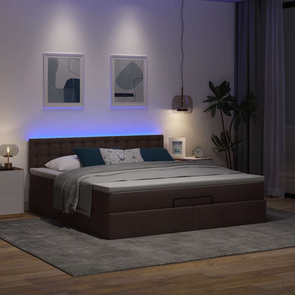 Ottomane Bett mit Matratze & LEDs Dunkelbraun 180x200 cm Stoff