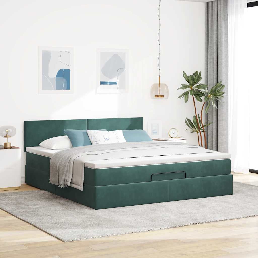Ottoman-Bett mit Matratze & LEDs Dunkelgrün 160x200 cm Samt