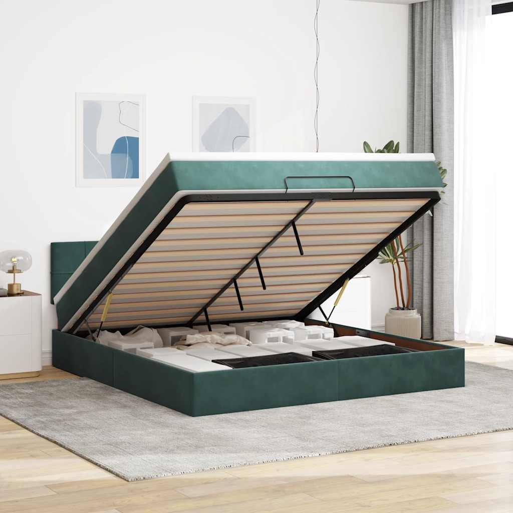 Ottoman-Bett mit Matratze & LEDs Dunkelgrün 160x200 cm Samt