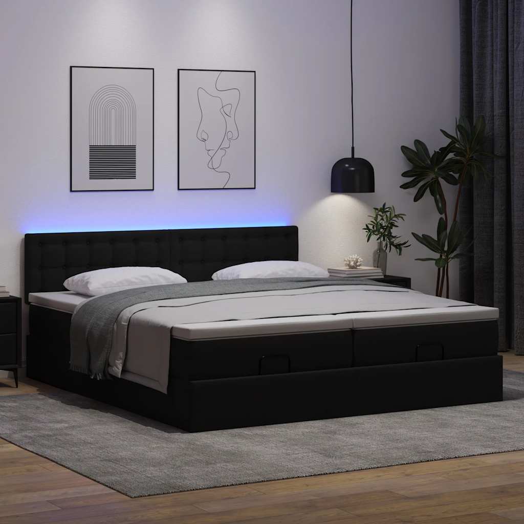 Ottoman-Bett mit Matratzen & LEDs Schwarz 180x200 cm Kunstleder