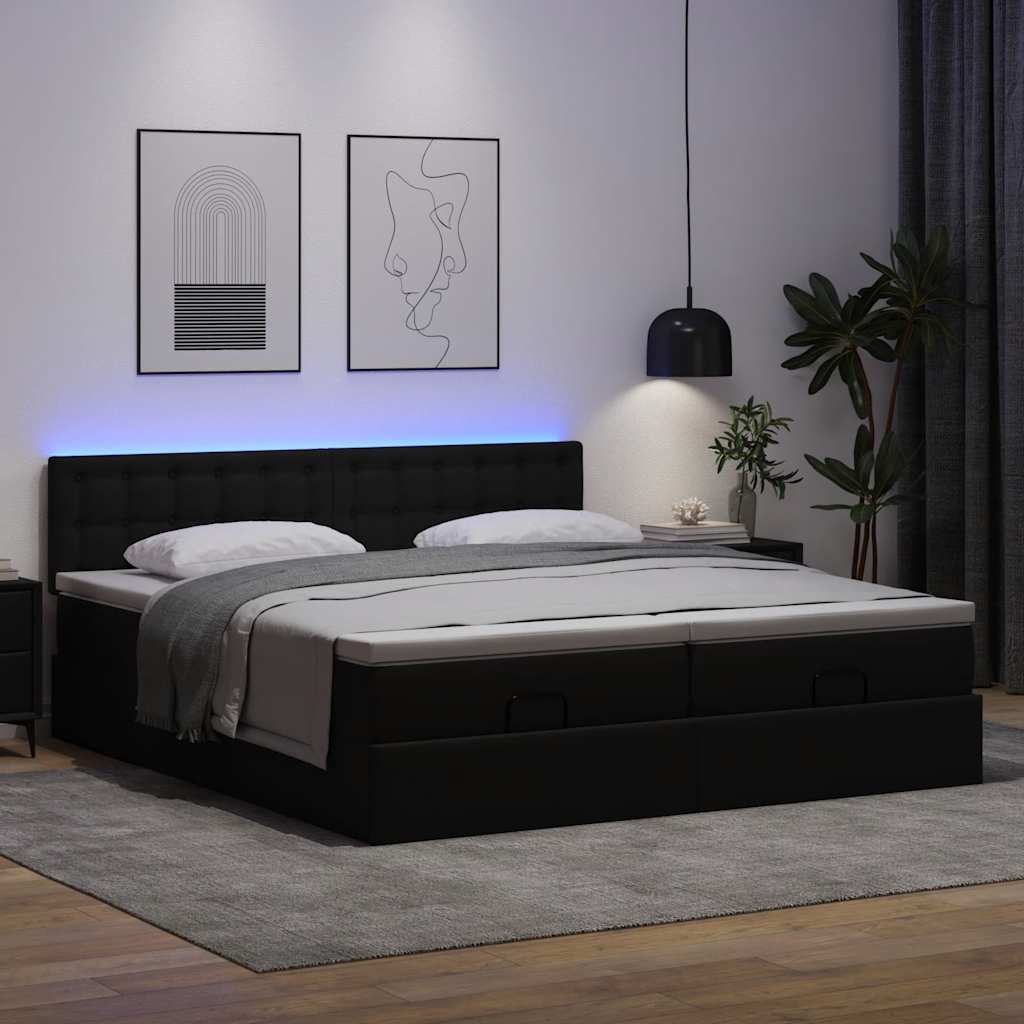 Ottoman-Bett mit Matratzen & LEDs Schwarz 200x200 cm Kunstleder