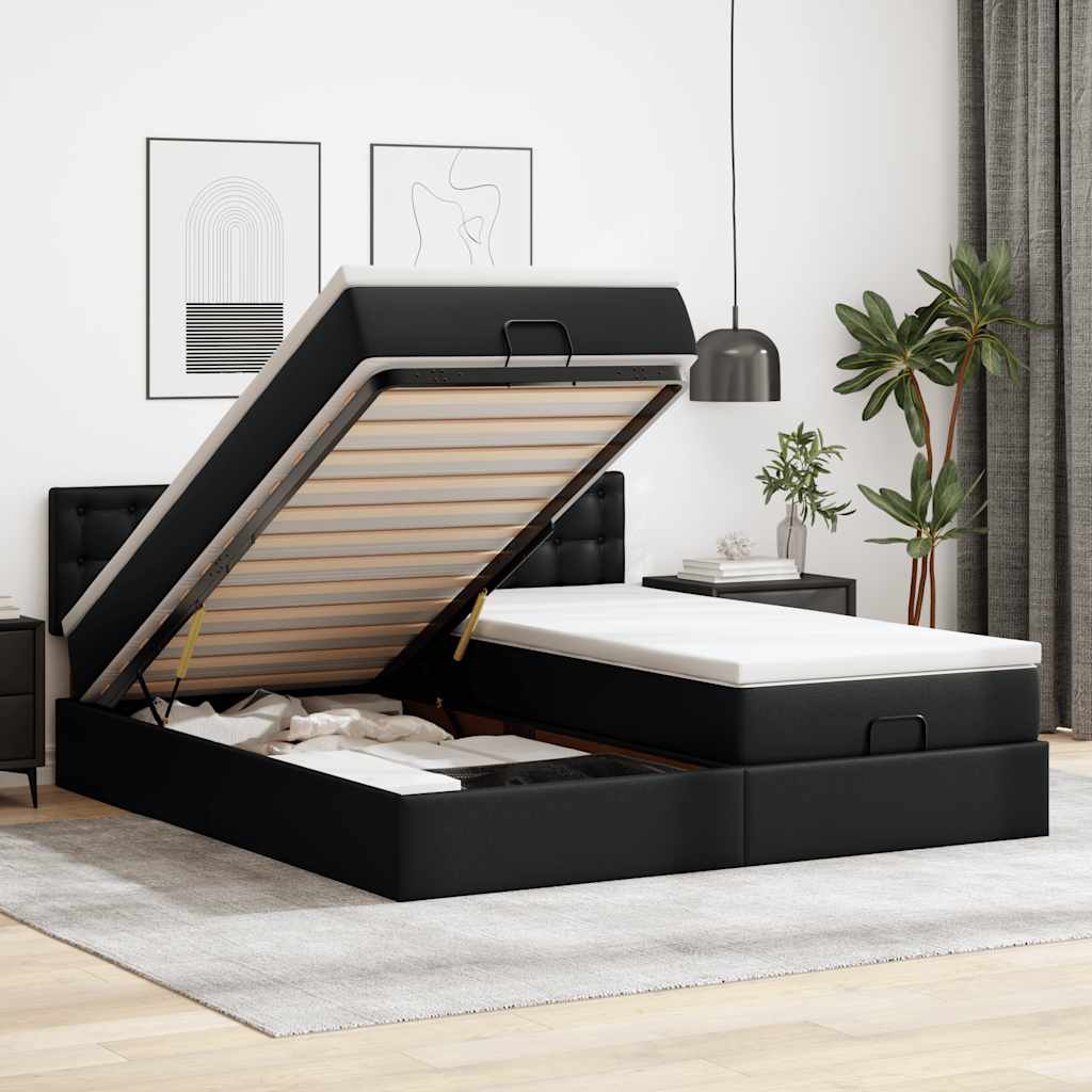 Ottoman-Bett mit Matratzen & LEDs Schwarz 200x200 cm Kunstleder